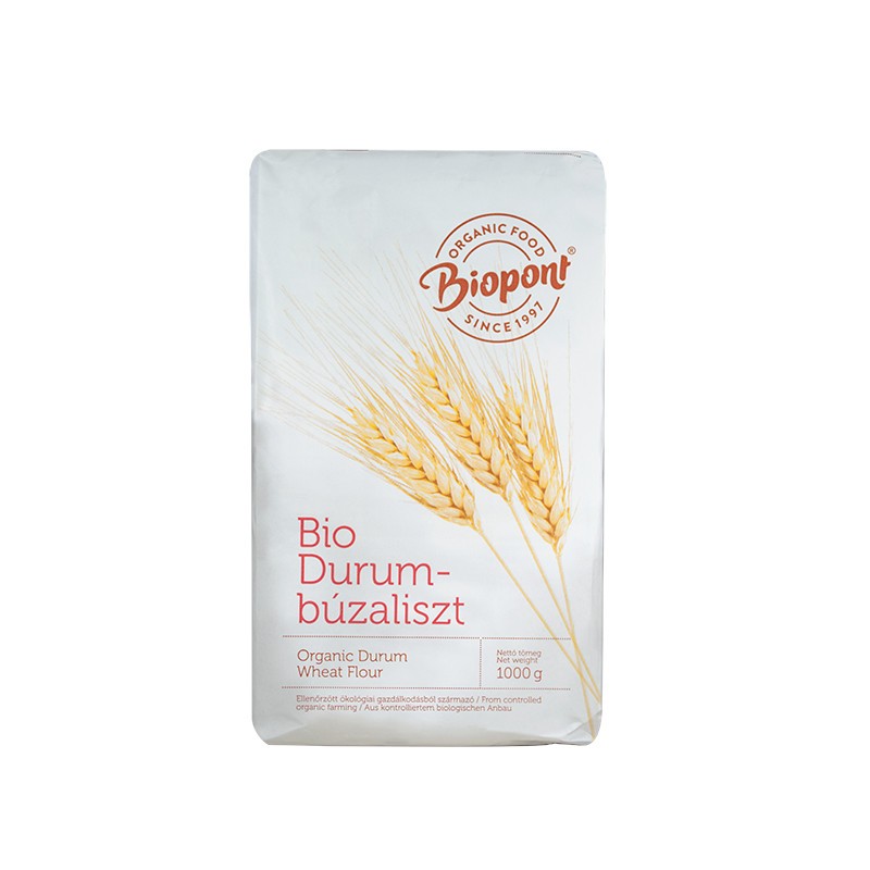 Făină albă Grau Durum Eco 1kg Biopont, grafică spice galbene pe ambalaj alb.