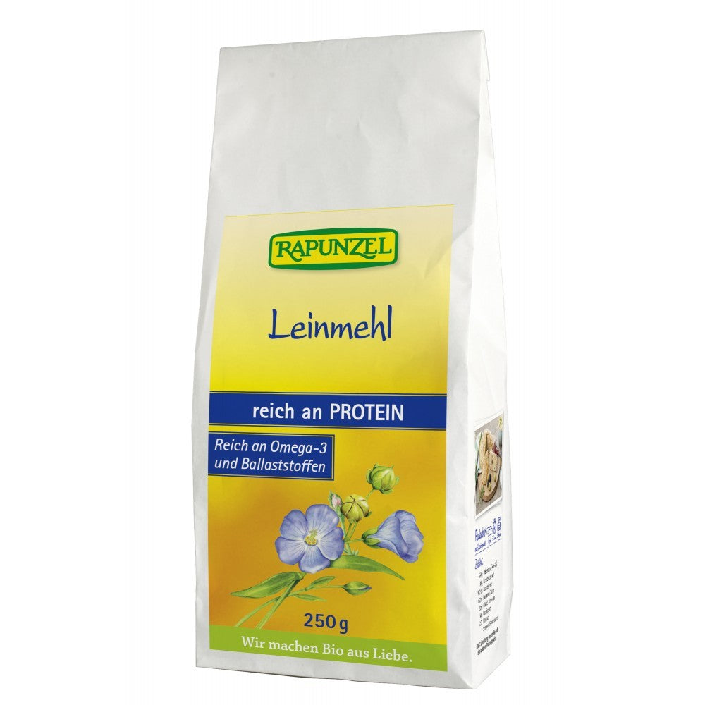 Făină de in bio Rapunzel 250g, ambalaj galben, ecologic, bogat în proteine.