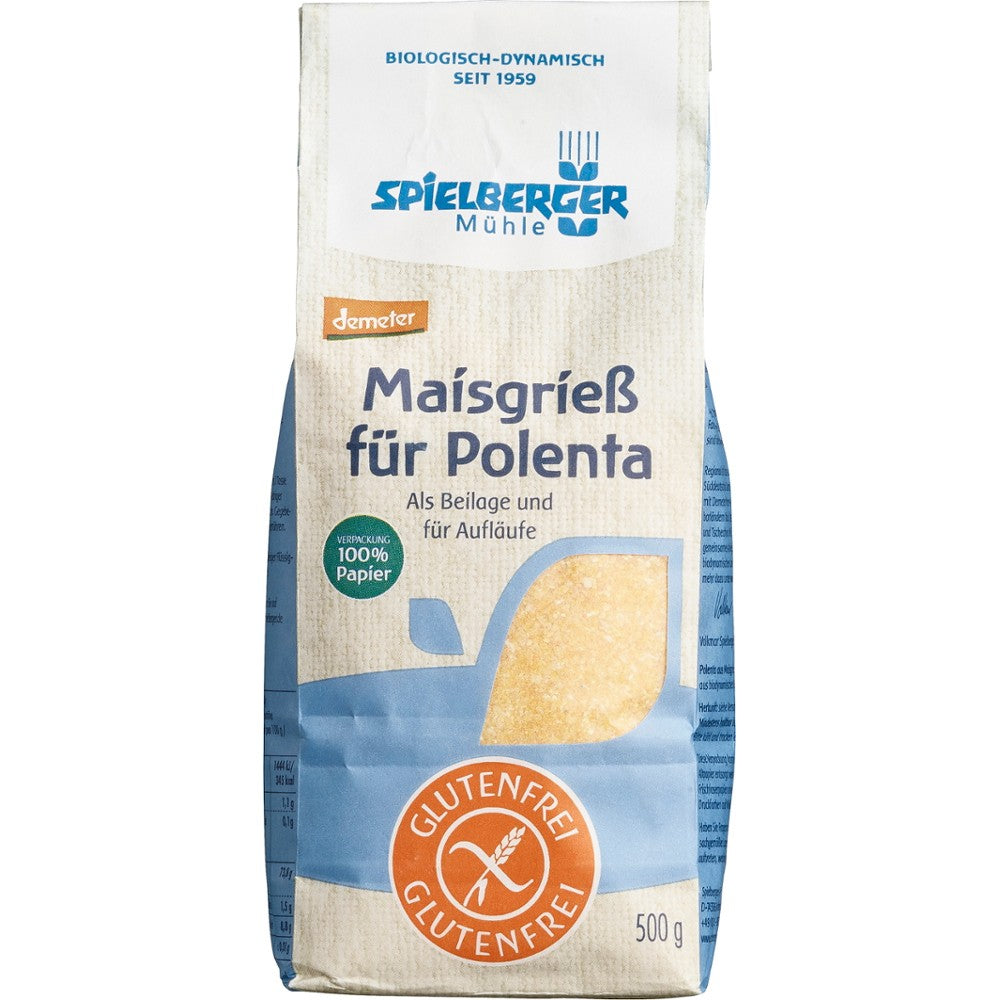 Făină mamaliga bio Spielberger, fără gluten, ambalaj 500g, certificare Demeter.