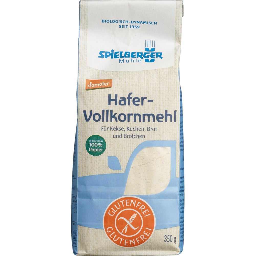 Faina de ovaz bio integrala fara gluten Demeter 350g Spielberger, ambalaj albastru și alb.