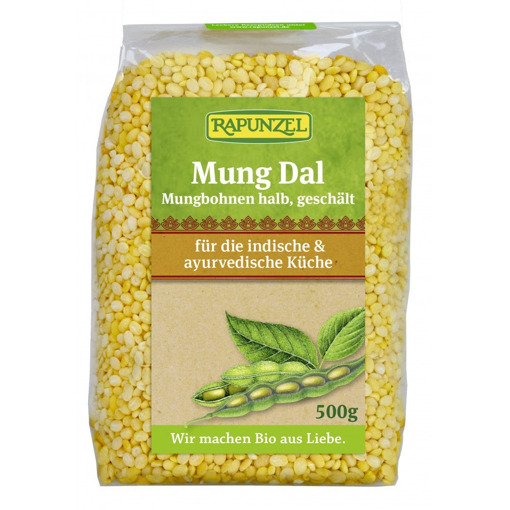 Fasole mung galbenă decorticată Rapunzel 500g, ecologic, vegan, ambalaj transparent.