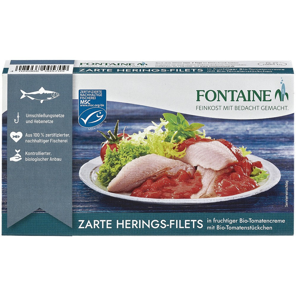 FIle de hering in sos bio de tomate cu bucati de tomate 200g Fontaine