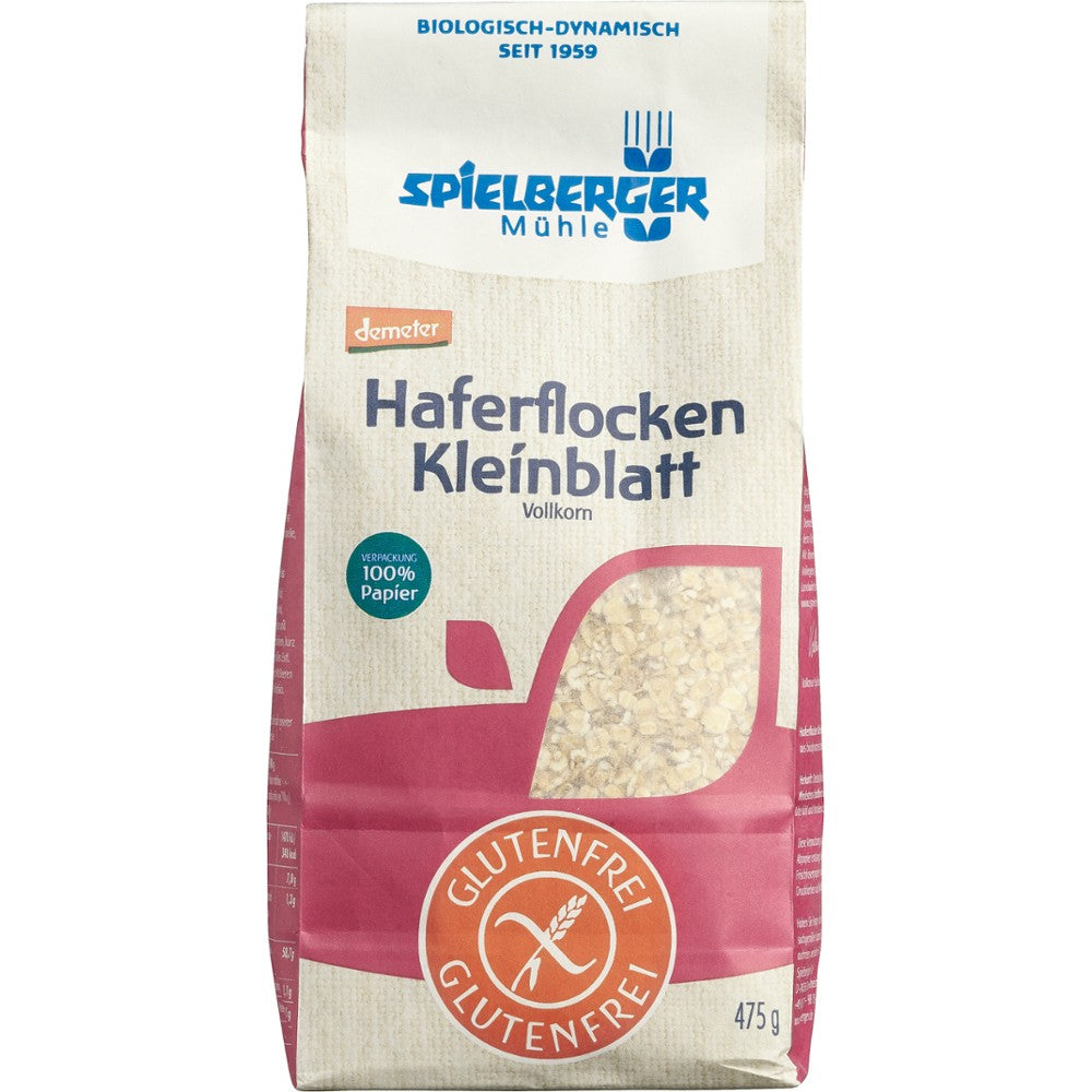 Fulgi mici de ovăz bio integrali fără gluten Demeter 475g Spielberger ambalaj carton.