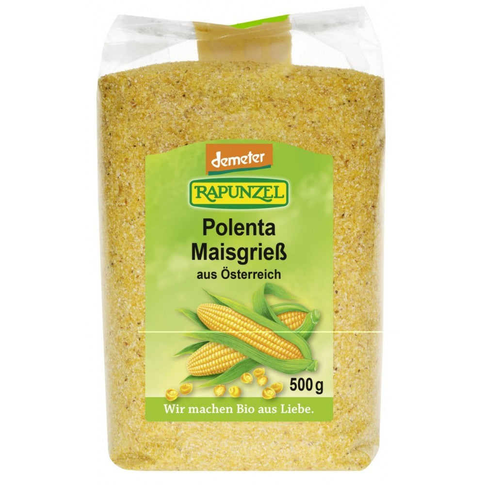 Griș de porumb bio Rapunzel 500g, etichetă verde cu ilustrație porumb.