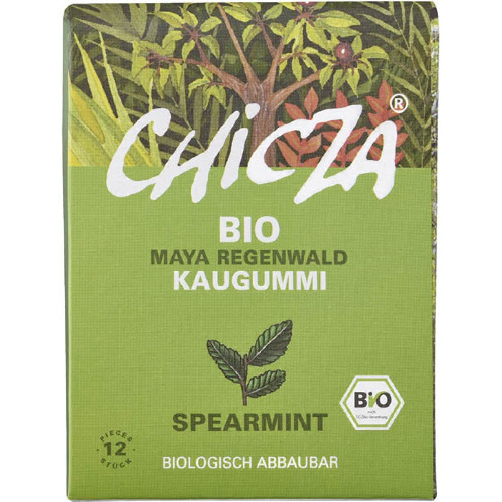 Gumă de mestecat bio spearmint Chicza, ambalaj verde cu design organic.