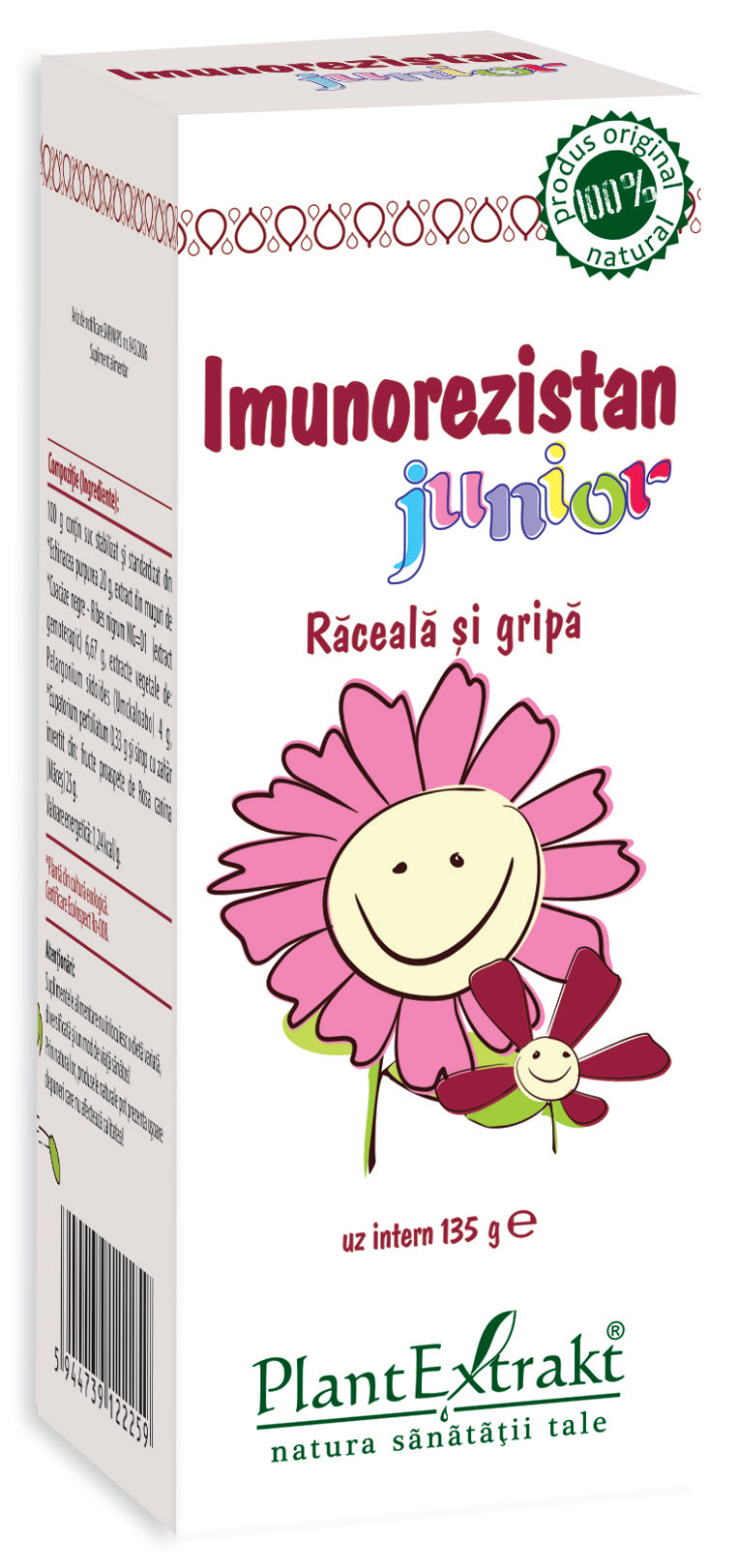 Imunorezistan junior 125ml, ambalaj colorat cu flori roz, produs natural Plantextrakt.