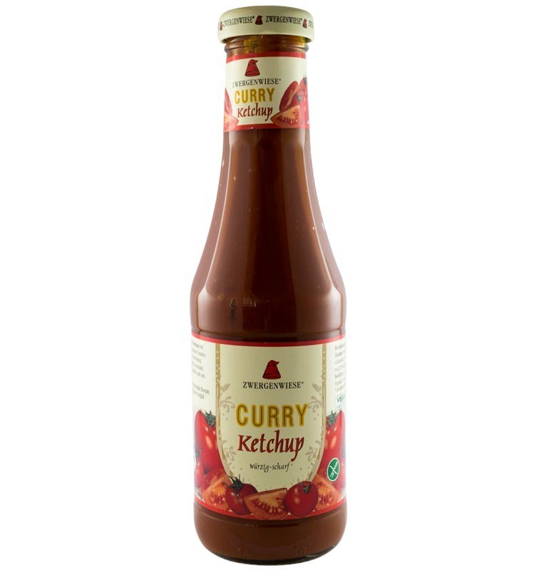 Ketchup curry bio ZWERGENWIESE, 500ml, sticlă maro, etichetă cu roșii și condimente.