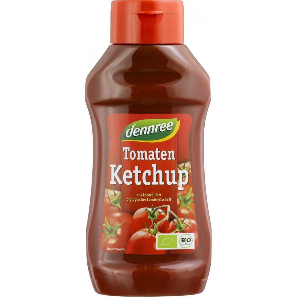 Ketchup ecologic Dennree 500ml, roșu, etichetă cu roșii și logo bio.