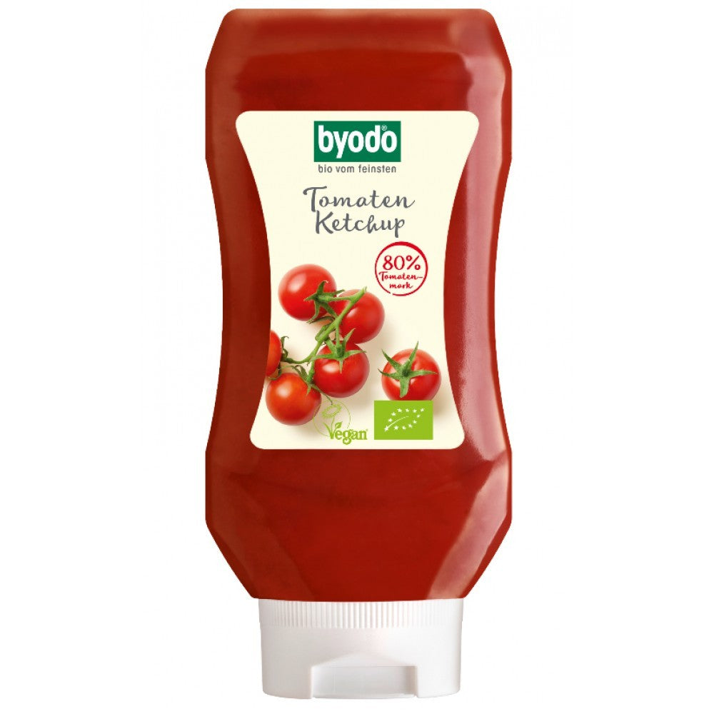 Ketchup de tomate Byodo flacon roșu 300ml, fără gluten, etichetă bio și vegană, logo Byodo verde.