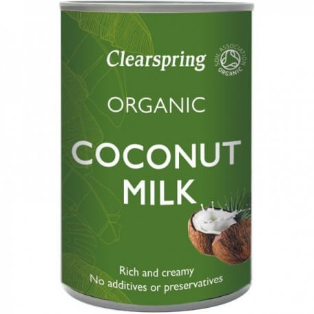 Lapte de Cocos Clearspring, 400ml, verde, fără aditivi, vegan, organic, etichetă cu nucă de cocos.