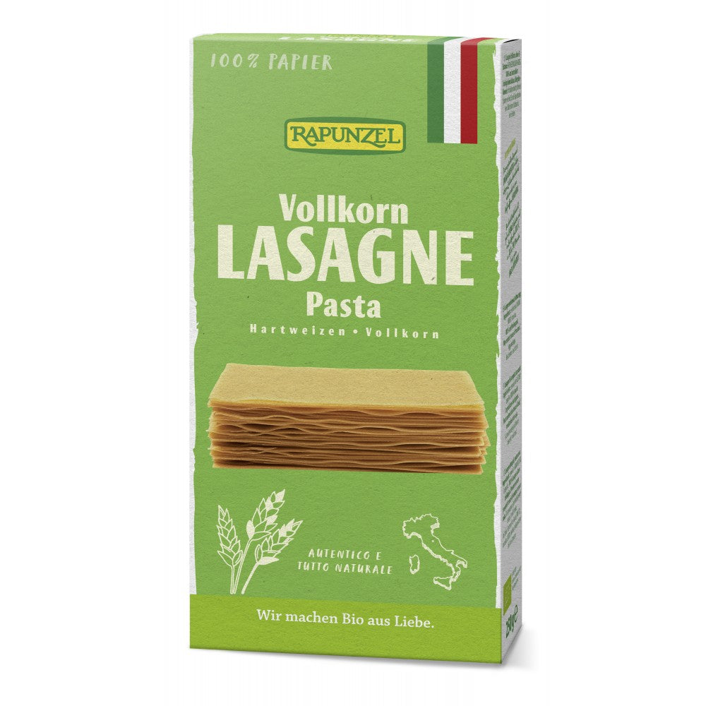 Lasagna integrala bio Rapunzel 250g, ambalaj verde, ingrediente naturale.