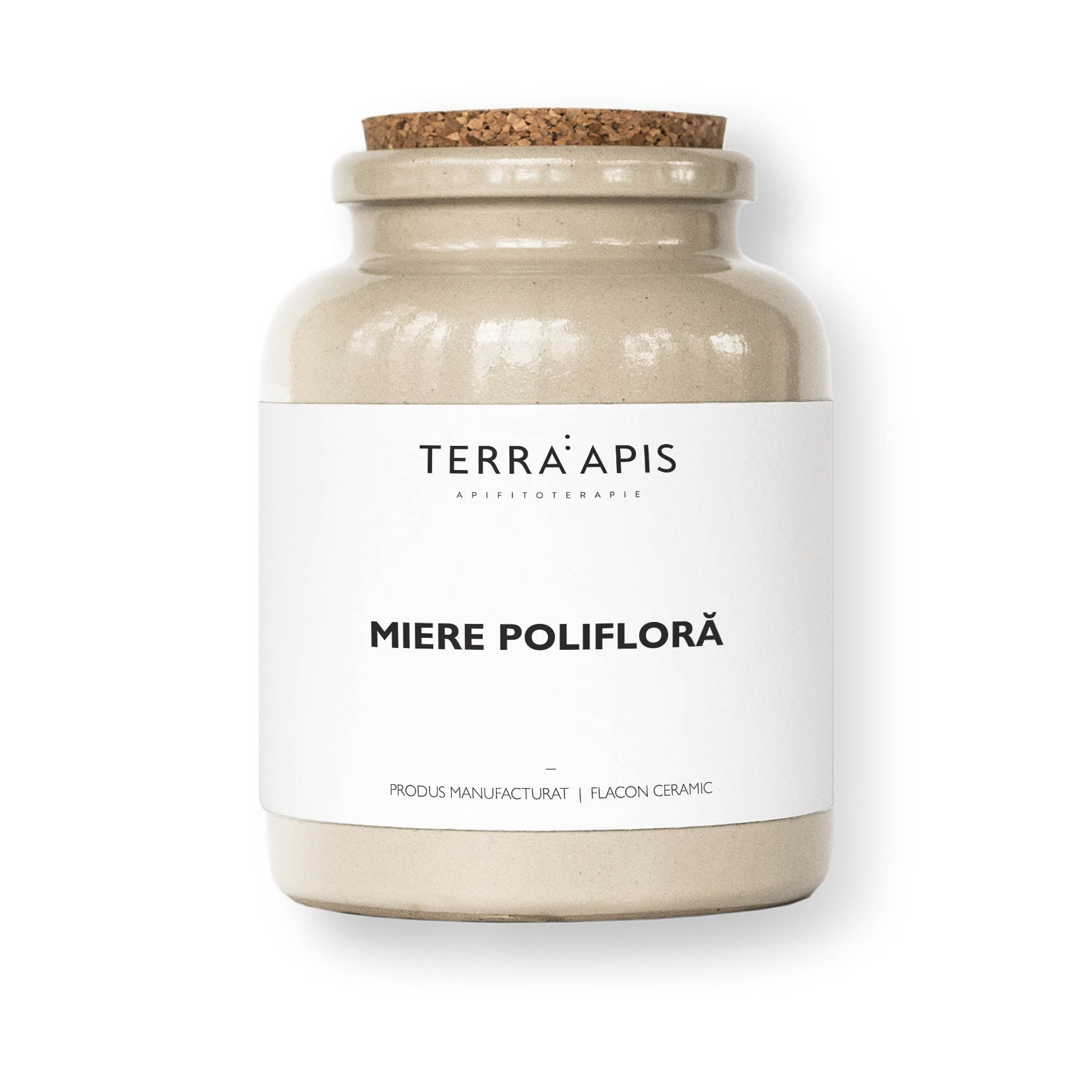 Flacon ceramic cu miere poliflora, 400g, dop din plută, etichetă albă, marca Terra Apis.