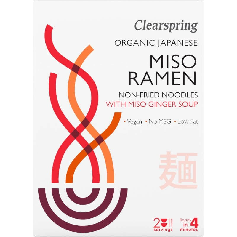 Clearspring Miso Ramen ecologic cu supă miso și ghimbir, ambalaj alb cu elemente roșii și portocalii.