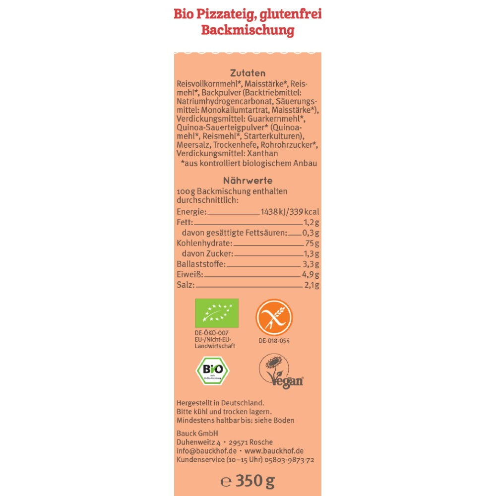 Mix faină pizza fără gluten BauckHof 350g, detalii ingrediente și valori nutriționale pe fundal portocaliu.