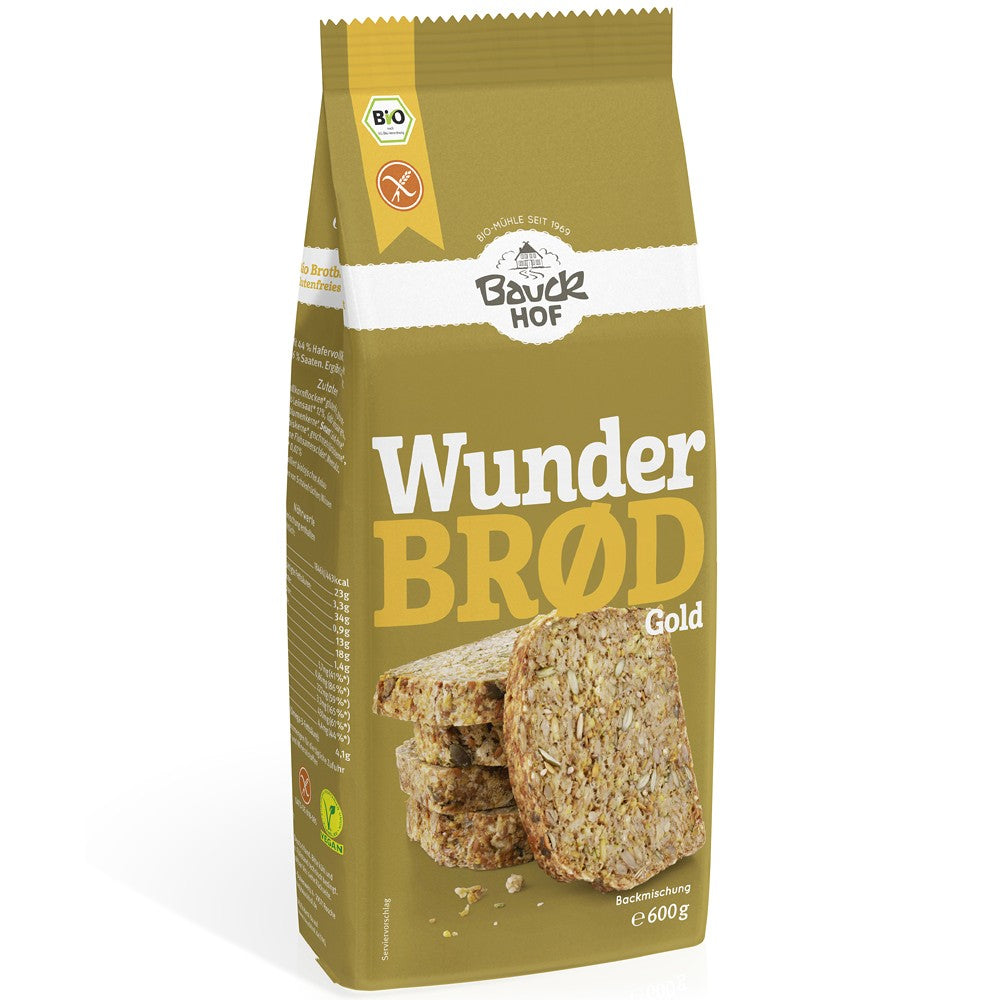 Mix pentru pâine cu turmeric bio fără gluten BauckHof 600g, ambalaj galben.