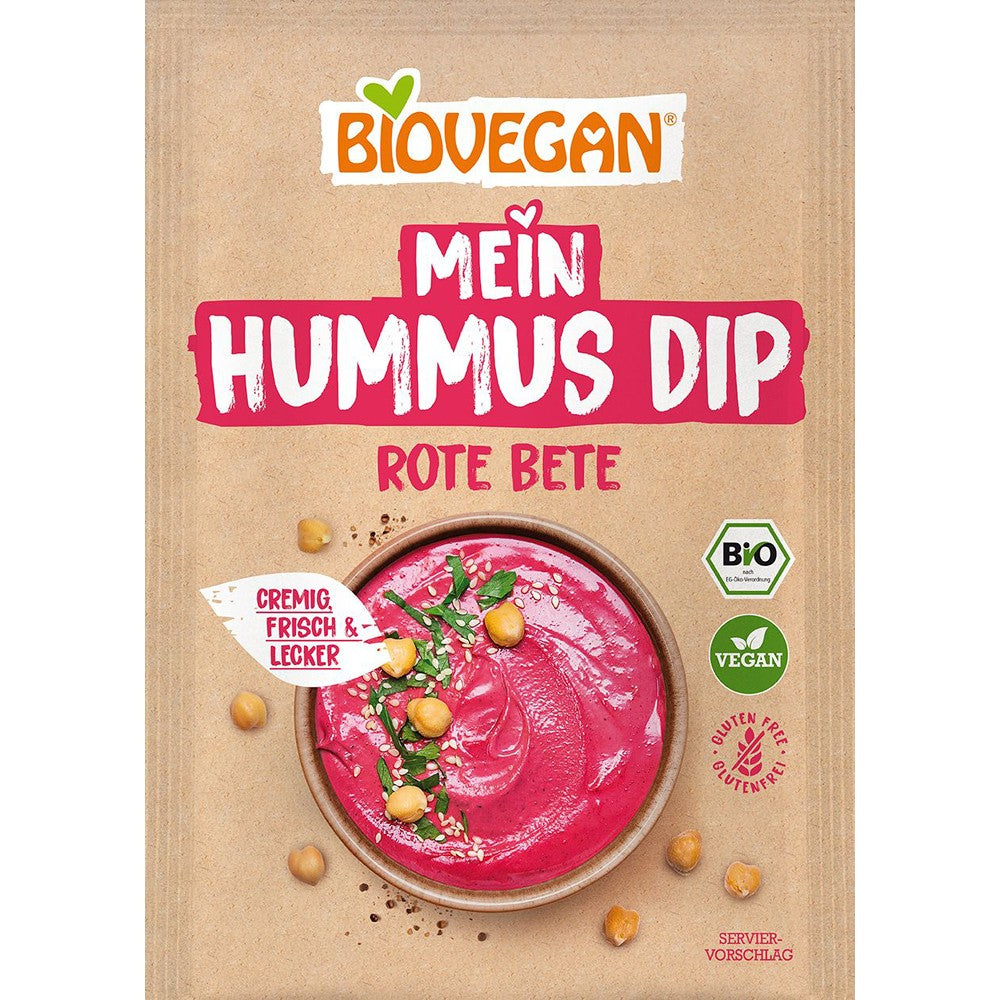 Mix humus dip sfeclă roșie fără gluten, vegan, bio, imagine produs ambalaj maro.