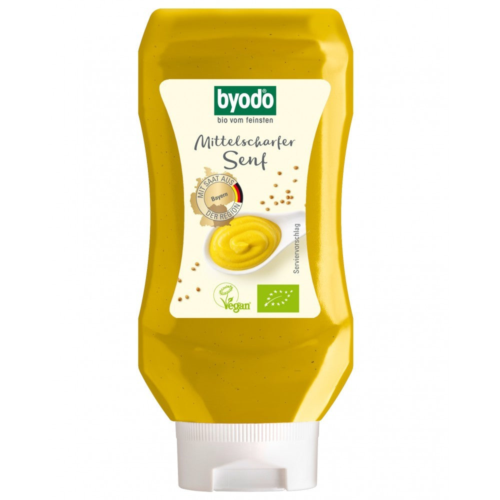Mustar bio usor picant Byodo flacon galben 300ml seminte mustar eticheta verde ecologic.