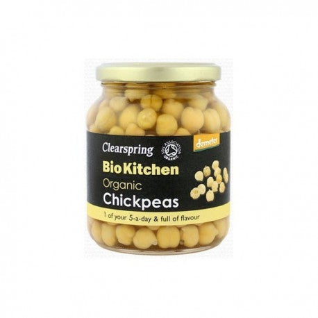 Naut ecologic Clearspring Bio Kitchen în borcan de sticlă, 350g, cu etichetă neagră și capac metalic auriu.