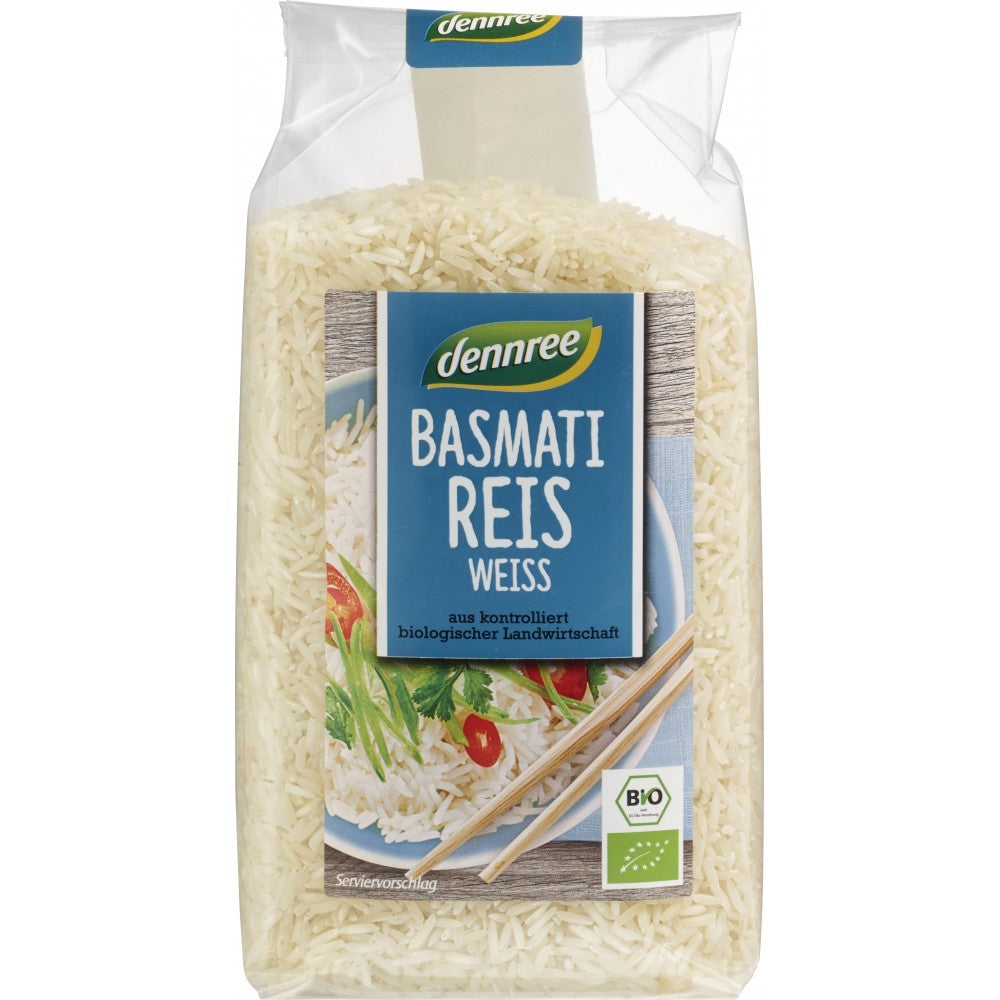 Orez basmati alb 500g Dennree, ecologic, ambalaj transparent, etichetă albastră.