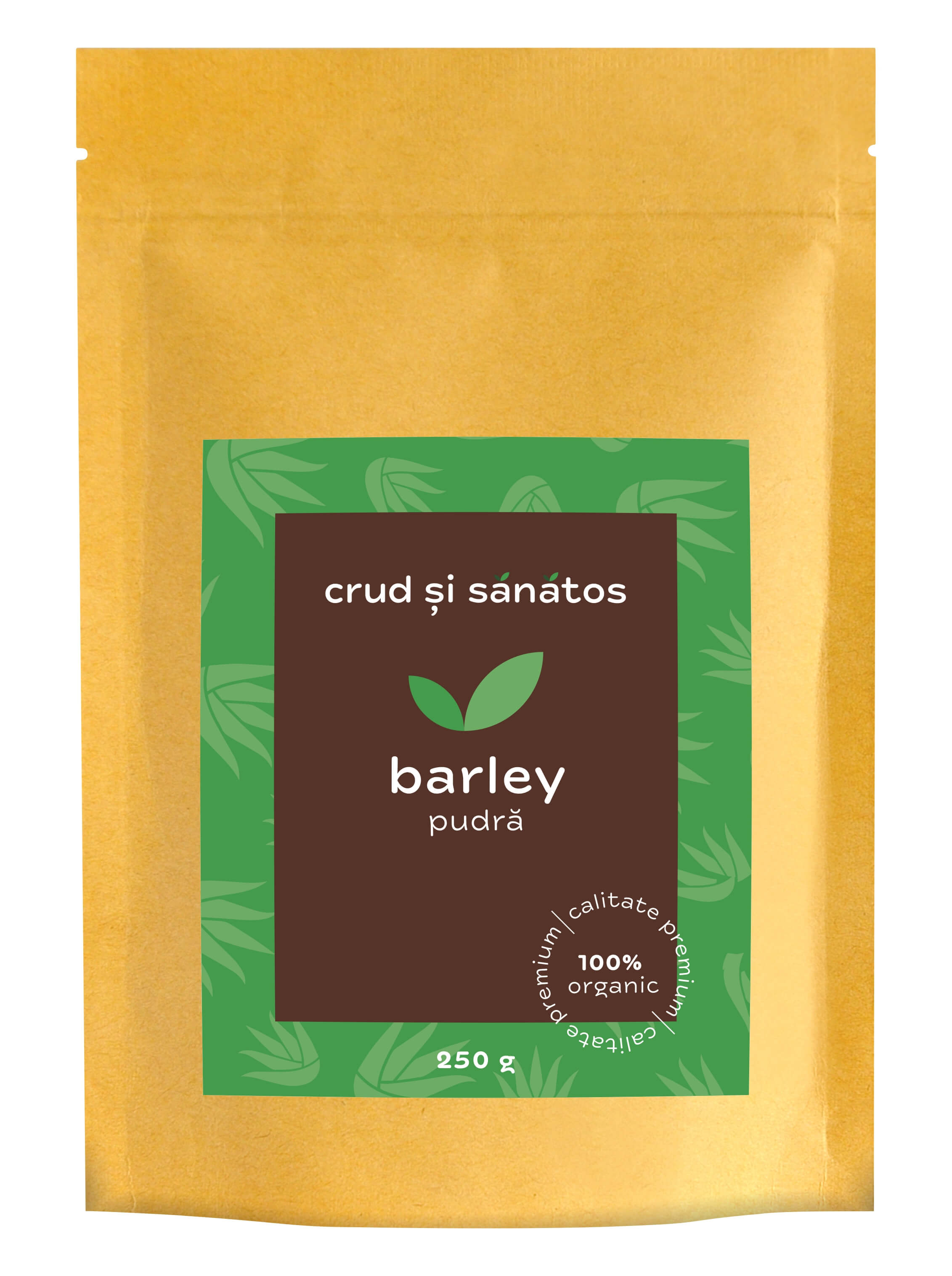 Pudră orz bio CRUD SI SANATOS, ambalaj maro și verde, 250g, ecologic.