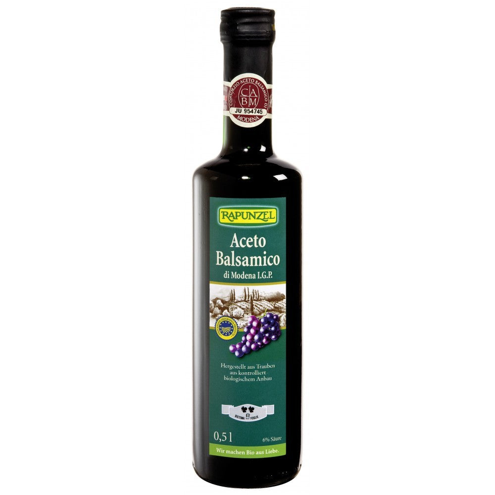Oțet Balsamic Bio Rapunzel 500ml, sticlă neagră, etichetă verde cu logo și struguri.