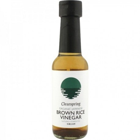 Oțet Orez Brun Clearspring ecologic, sticlă transparentă, etichetă albă și verde.