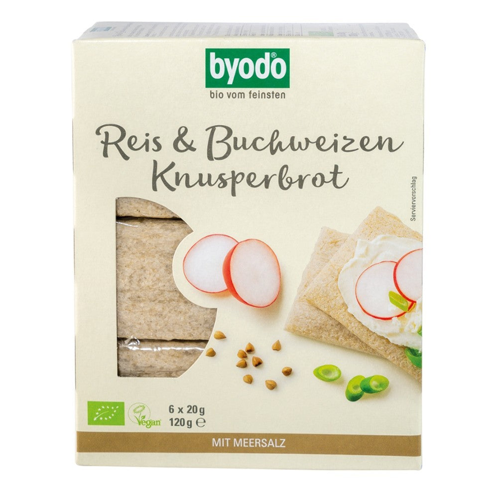 Pâine crocantă fără gluten Byodo cu orez și hrișcă, ambalaj 120g.