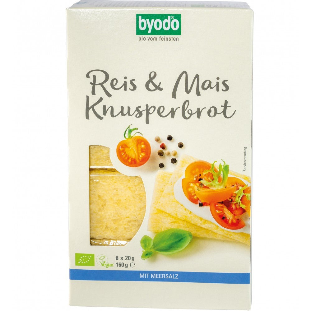 Paine crocanta ecologica fara gluten Byodo 160g, cu orez si porumb, ambalaj front alb cu design simplu.