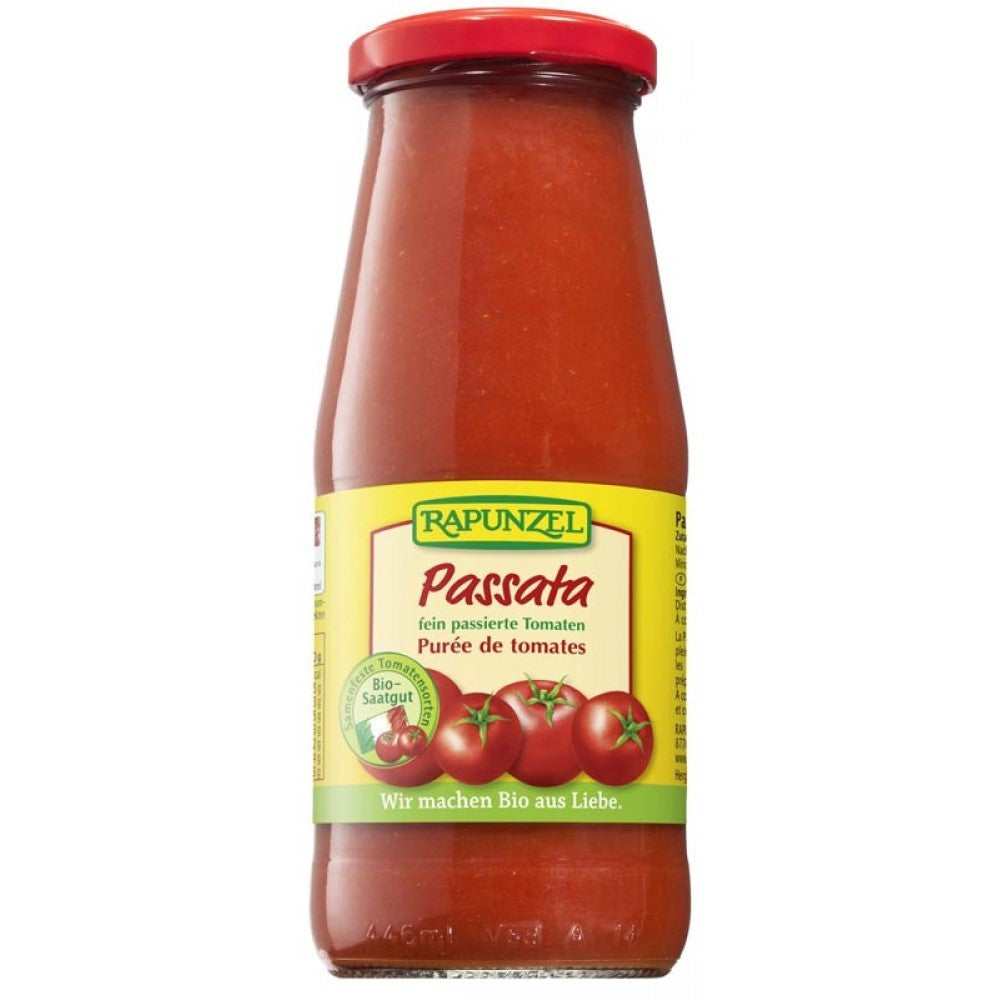 Passata bio Rapunzel 410g, sos de roșii ecologic, etichetă galbenă, capac roșu.