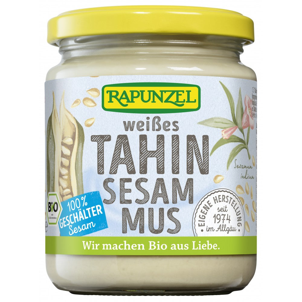 Borcan tahin alb bio Rapunzel 250g cu capac galben și etichetă verde.