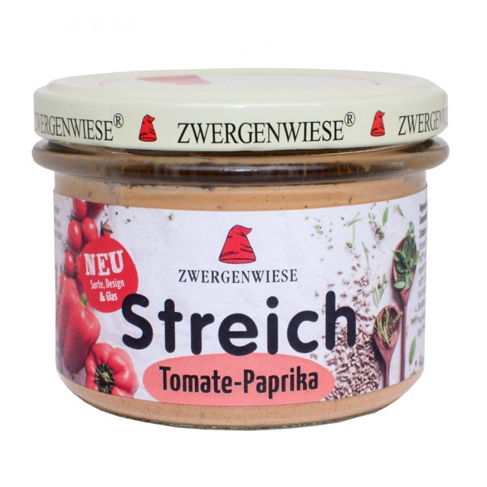 Pate vegetal bio cu tomate și ardei 180g Zwergenwiese în borcan transparent.
