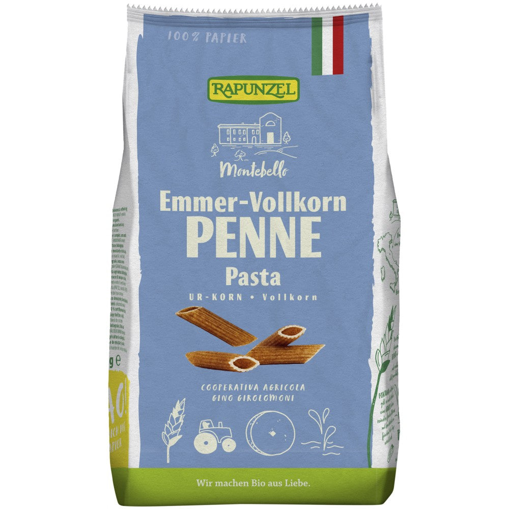 Penne emmer integrale ecologice 500g Rapunzel Tuburi scurte cu striatii fine