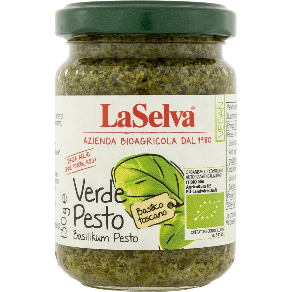 Pesto verde bio LaSelva fără usturoi, borcan de 130g, etichetă verde și capac verde.