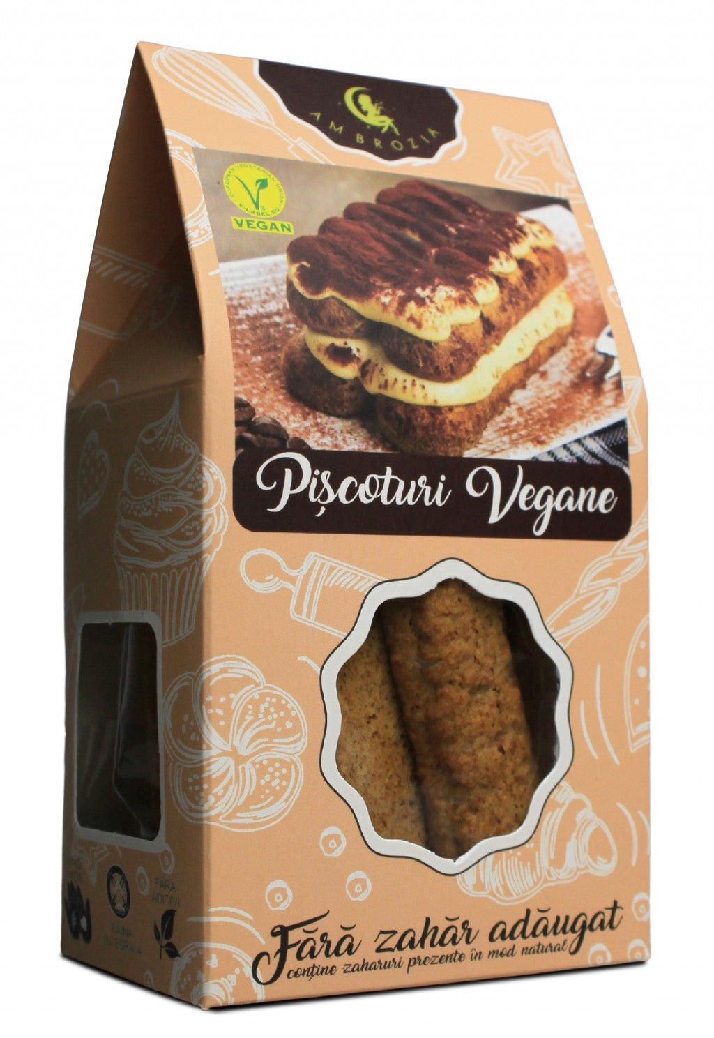 Ambalaj piscoturi vegane fără zahăr 130g Ambrozia, etichetă maro cu ilustrație desert.