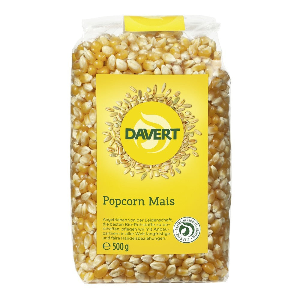 Porumb bio pentru popcorn Davert 500g, boabe galbene în ambalaj transparent.