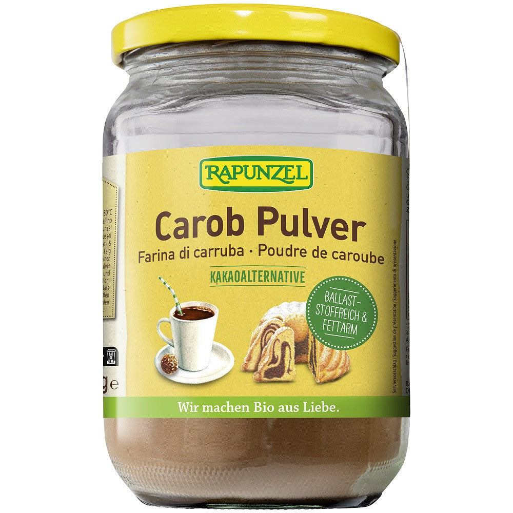 Pudra carob bio Rapunzel 250g în borcan cu capac galben, etichetă galbenă.
