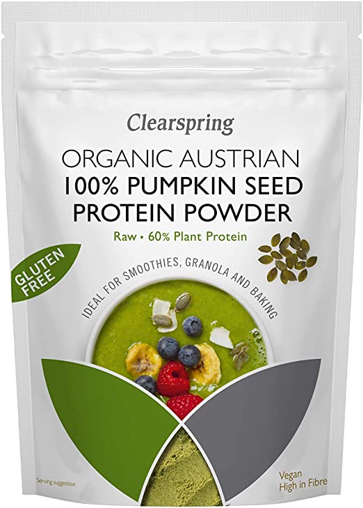 Pudră proteică bio Clearspring din semințe de dovleac, ambalaj alb-verde, 350g.