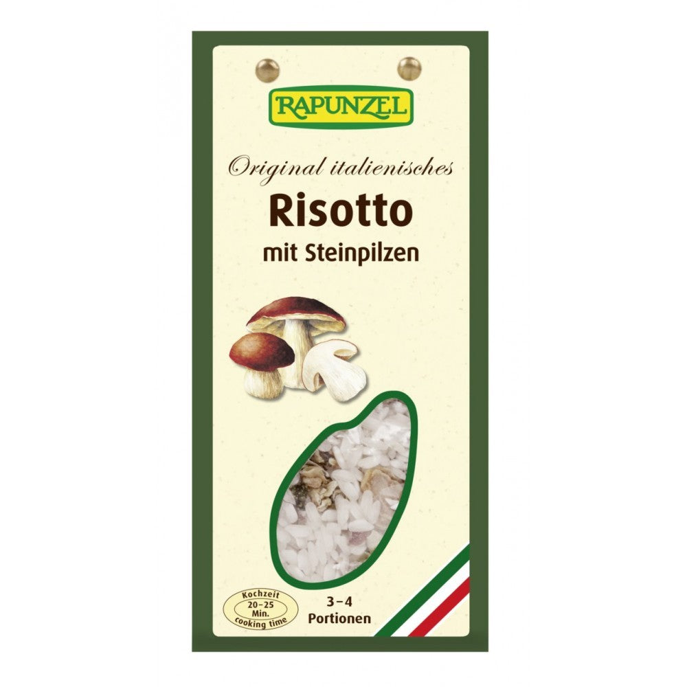 Risotto italian Rapunzel cu ciuperci, ambalaj verde, gramaj 250g, ingrediențe vizibile: orez, ciuperci hribi.