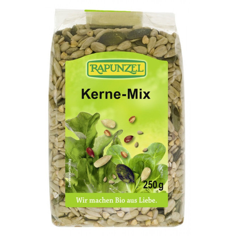 Amestec BIO de semințe și sâmburi crocanți Rapunzel 250g, ambalaj verde.