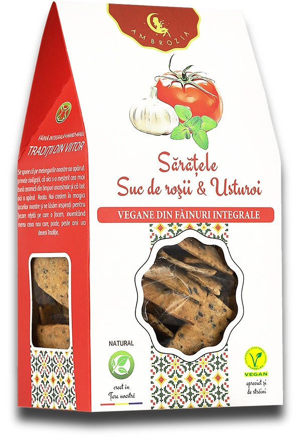Sărățele suc de roșii și usturoi Ambrozia, 107g, pachet alb-roșu, ingrediente naturale, vegane, făină integrală.