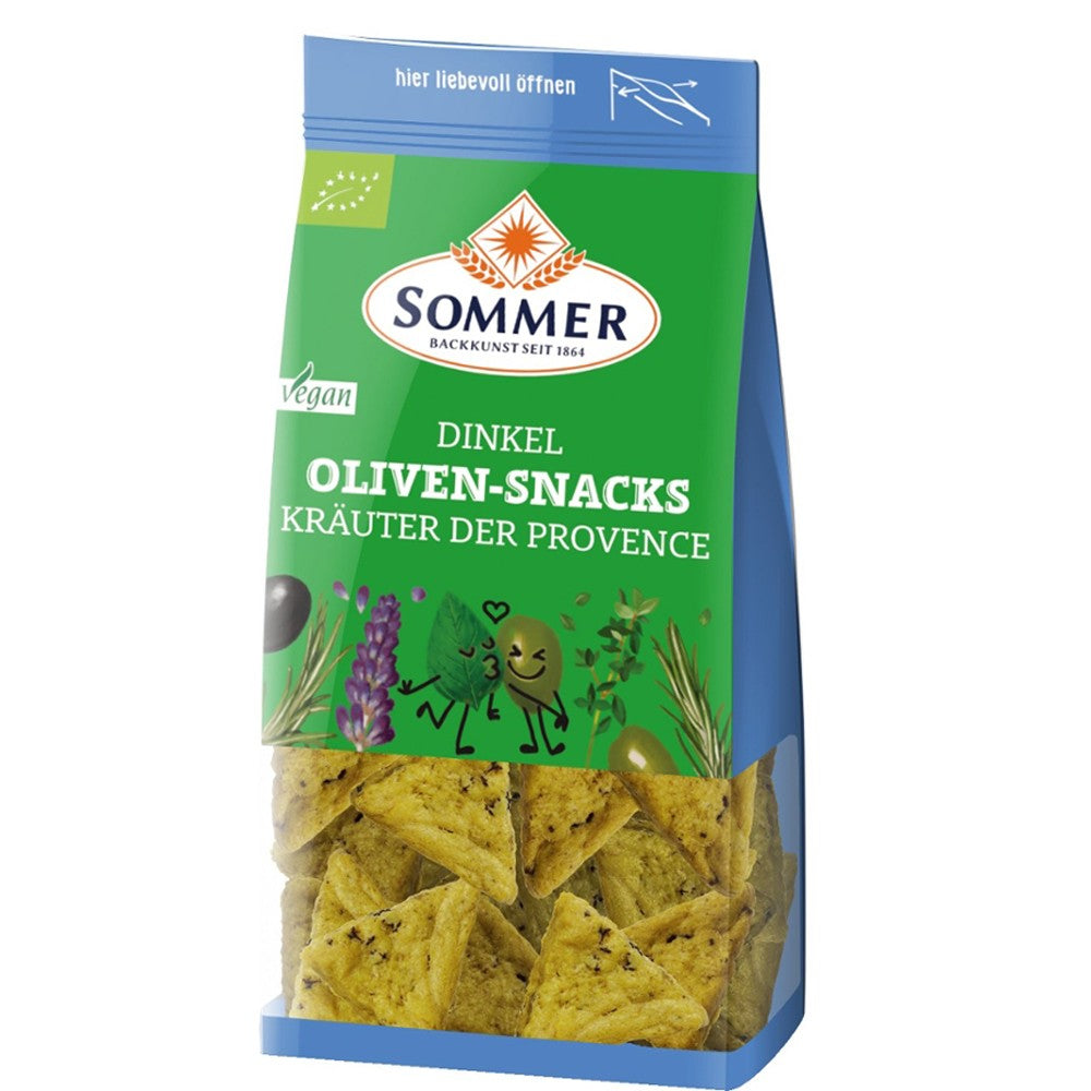 Snack vegan din spelta cu măsline și ierburi de Provence, ambalaj verde și albastru, 150g Sommer.