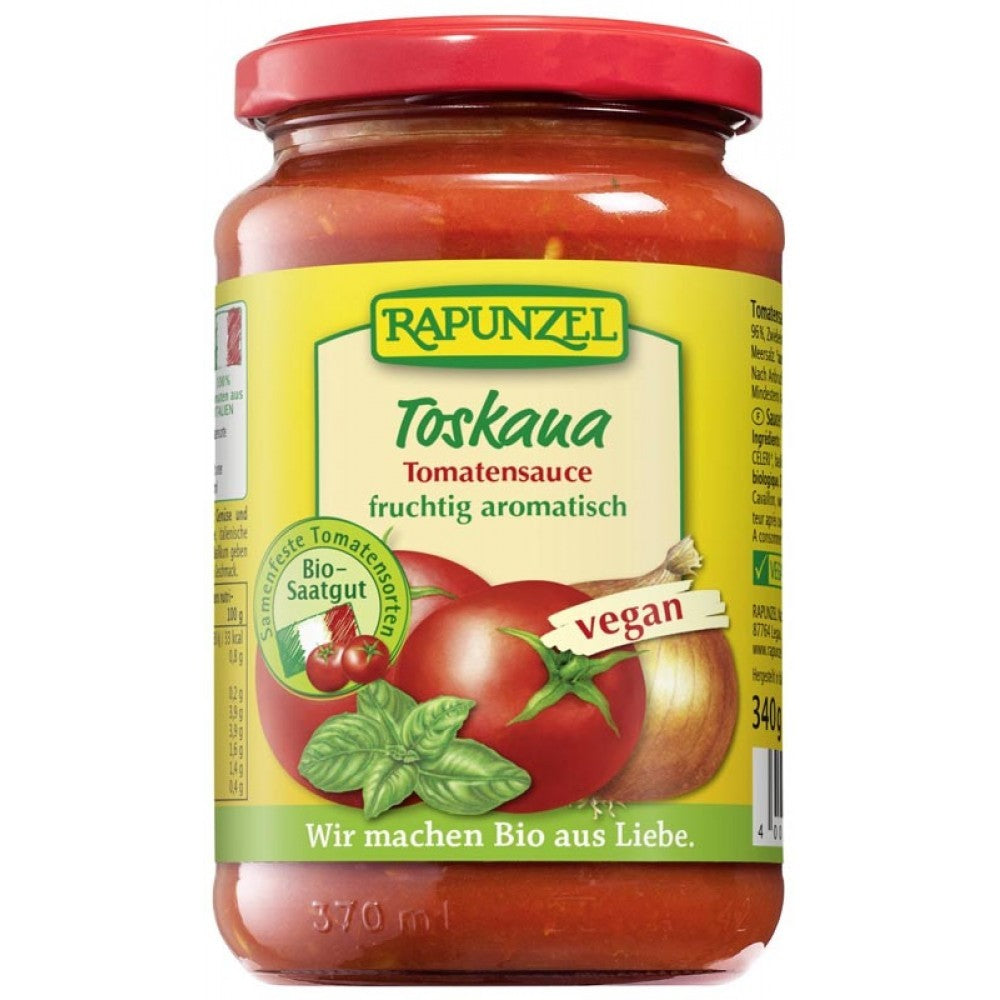 Sos vegan Toskana Rapunzel bio 340g în borcan, cu roșii și busuioc, etichetă galbenă.