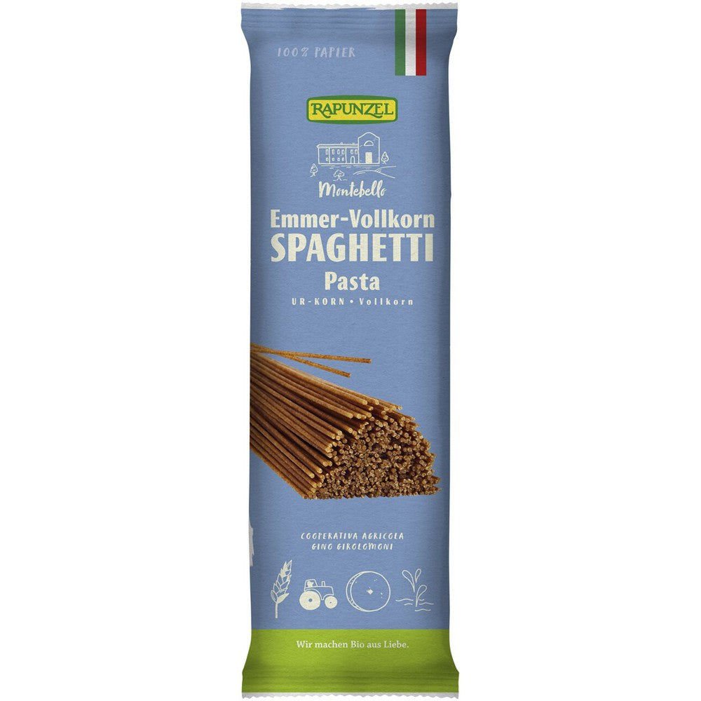 Spaghetti emmer integrale 500g Rapunzel în ambalaj albastru cu detalii tricolor.