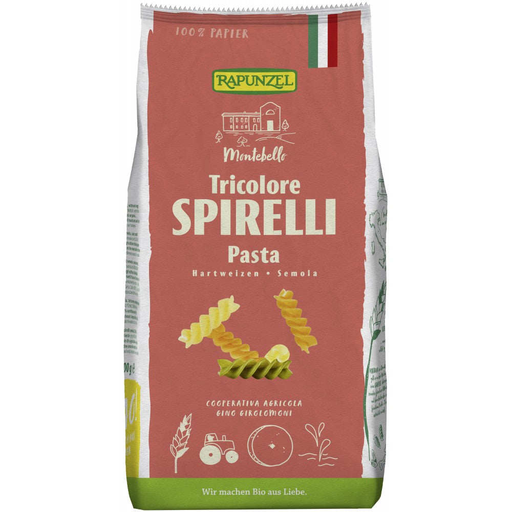 Paste Spirelli tricolore Rapunzel, semola, 500g, ambalaj colorat, ecologic.