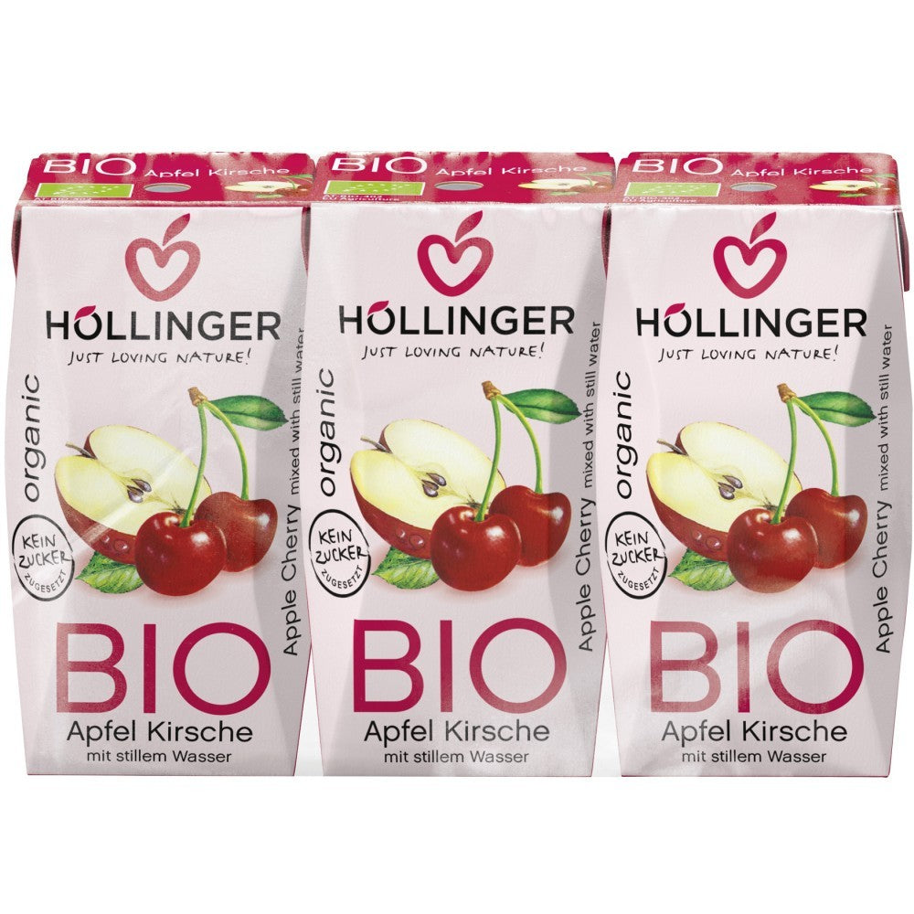 Suc de mere și cireșe bio Hollinger, pachet triplu, fără zahăr, ambalaj alb și roșu.