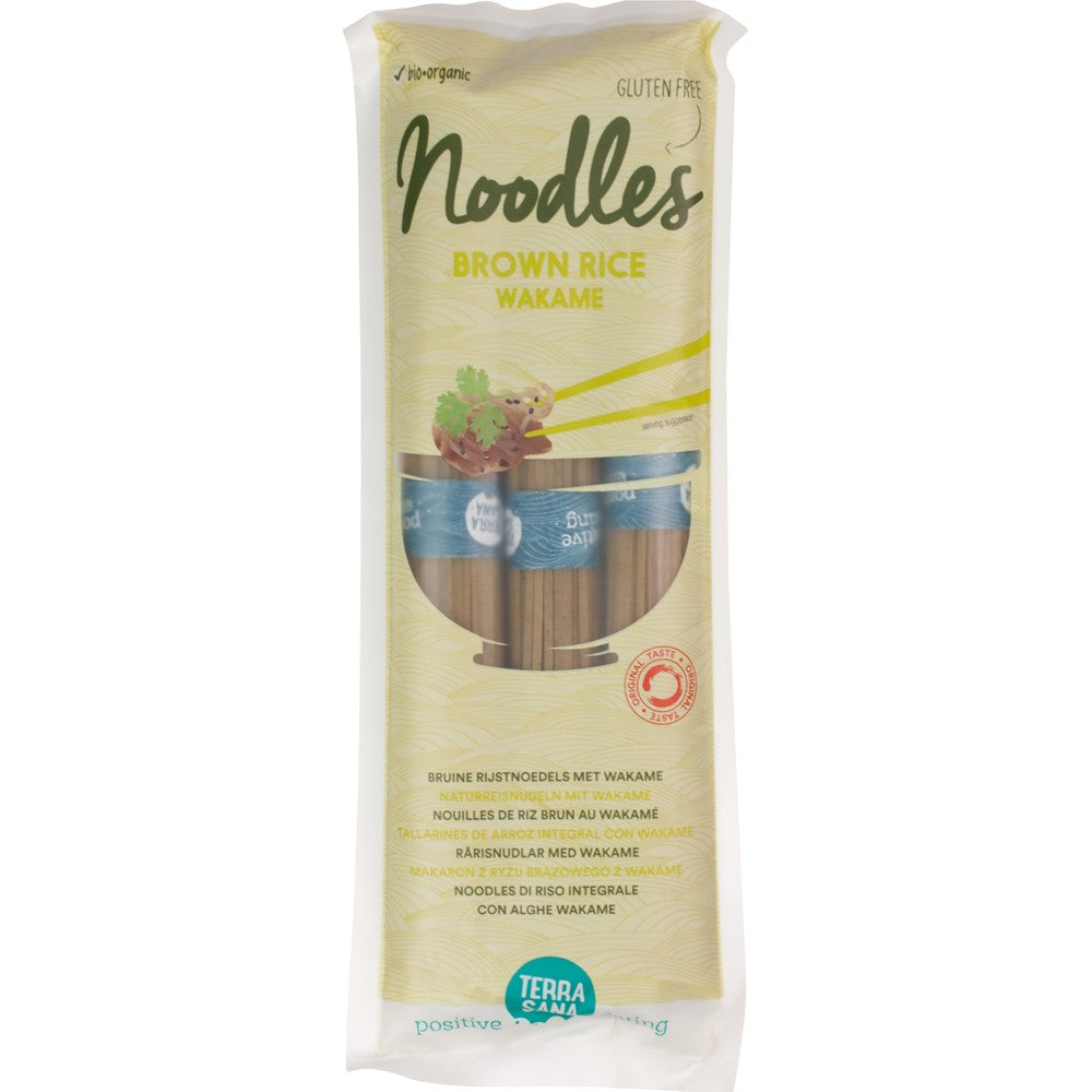 Taitei bio din orez brun cu wakame, 250g, ambalaj galben verde, Terrasana.