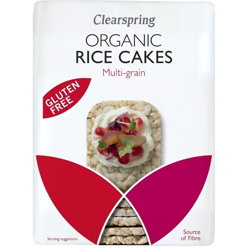 Tartine orez ecologic Clearspring, fără gluten, ambalaj alb cu text roșu.