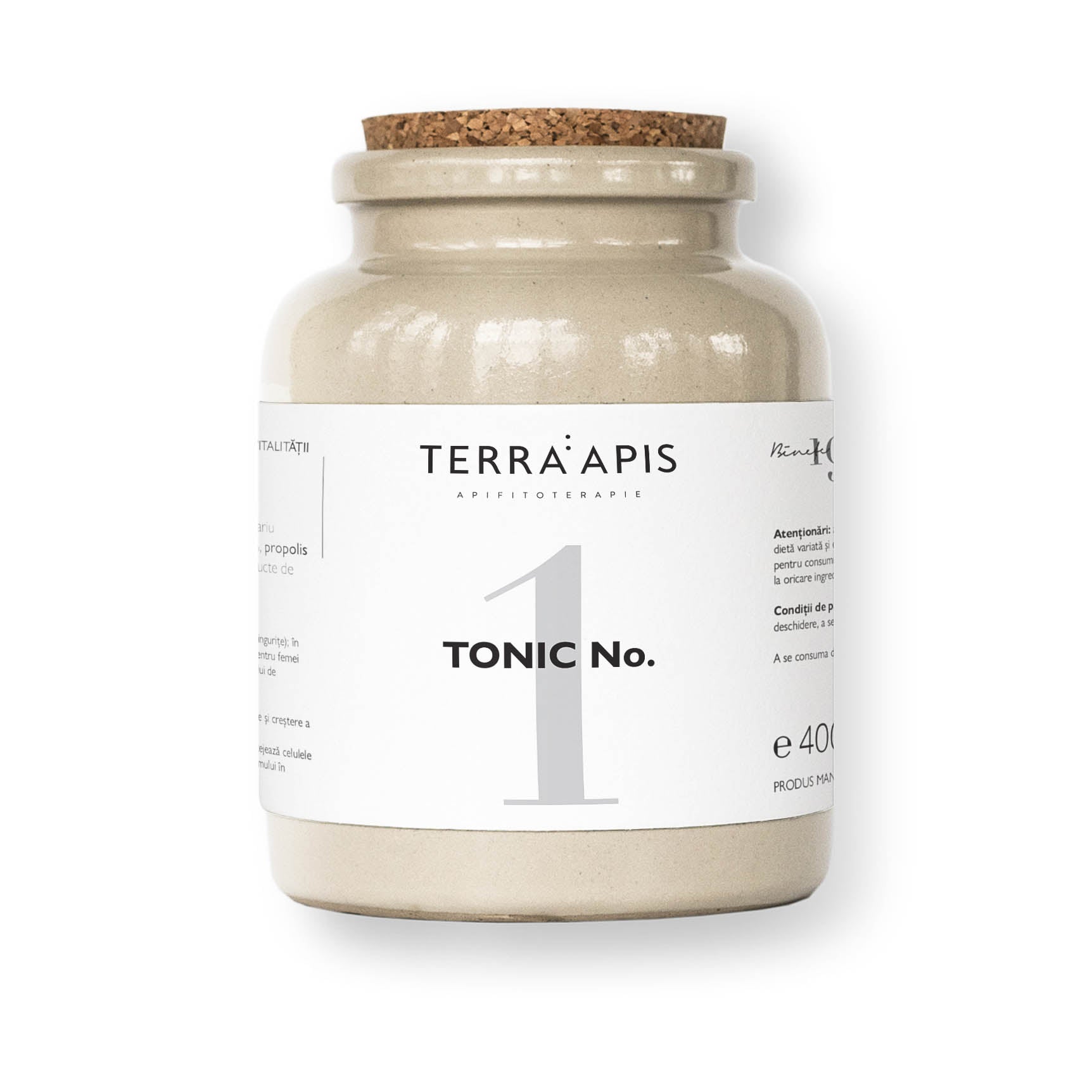 Tonic No. 1, 400g, borcan ceramic bej cu dop de plută, etichetă modernă.