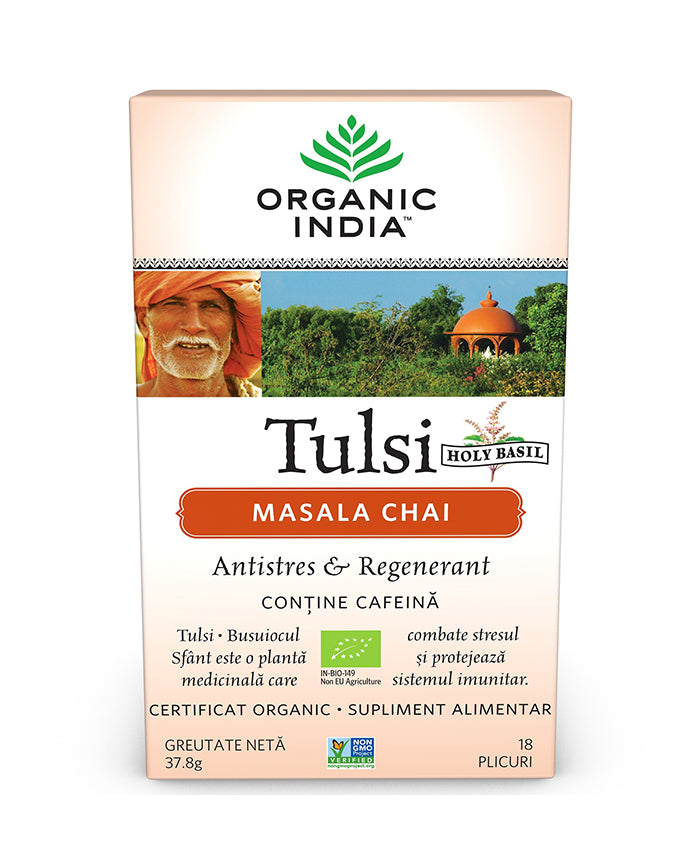 Cutie ceai Organic India Tulsi Masala Chai 18 plicuri, antistres și regenerant, certificare organică.