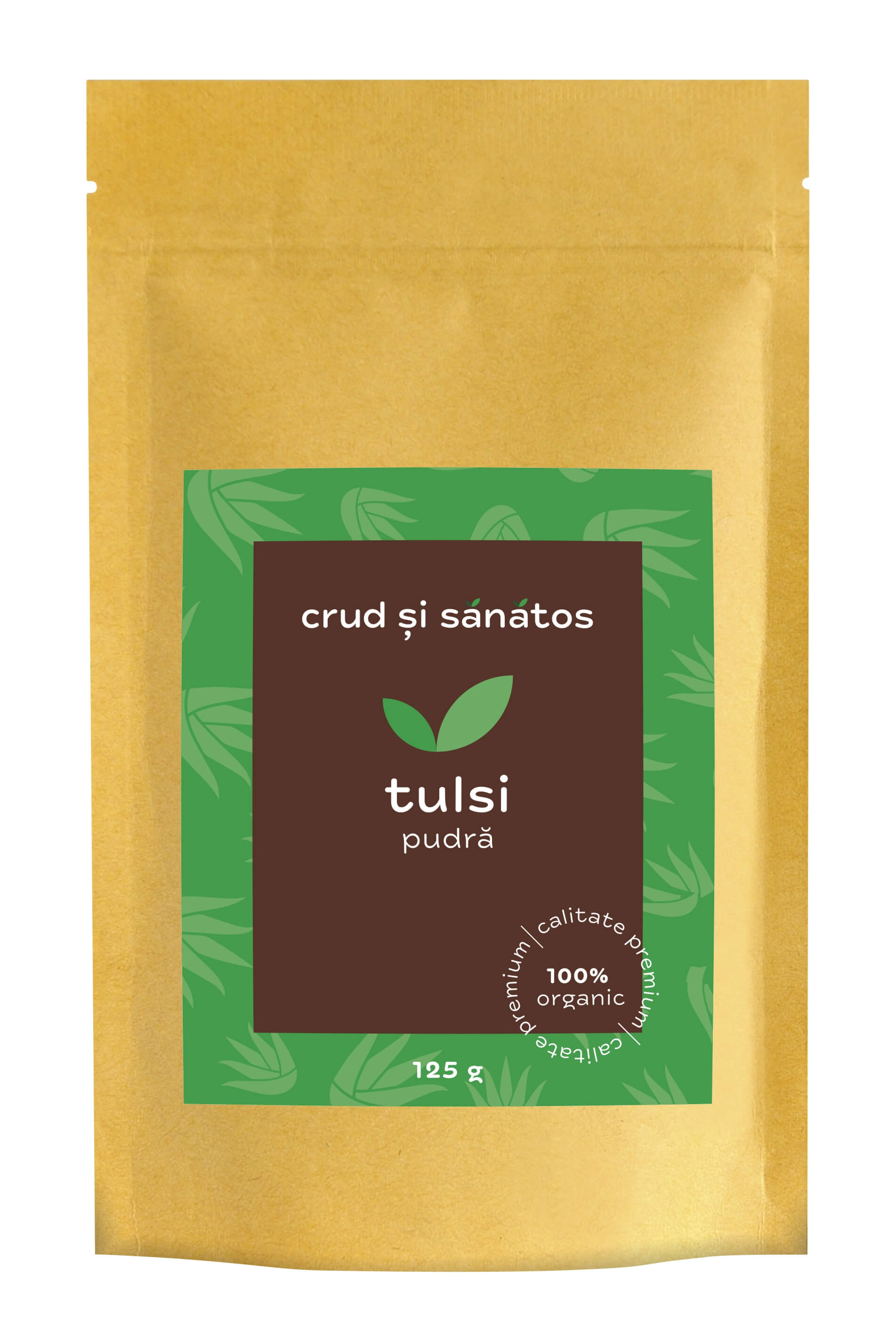 Tulsi pudră bio 125g, ambalaj maro-verde, fără gluten și lactoză.